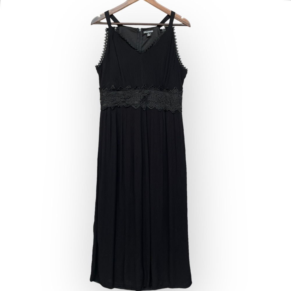 Nina Leonard Womens Black Lace Trim Empire Waist Sleeveless Midi Dress Size M